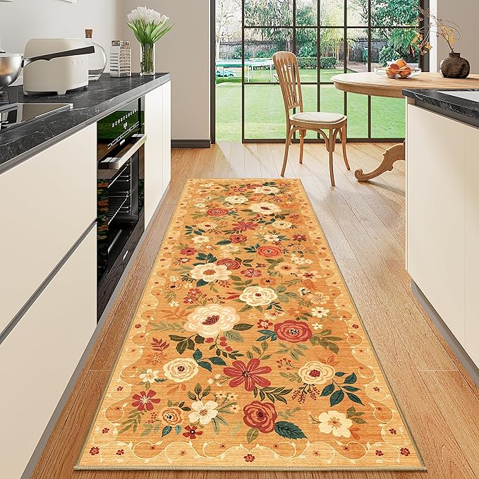 DUKINO Runner Rug, 2.6x8 Kitchen Rug for Hallway with Non Slip Backing, Washable Low Pile Soft Boho Floral Runner Carpet for Hallway, Kitchen, Entryway, Laundry, Bedroom, Orange