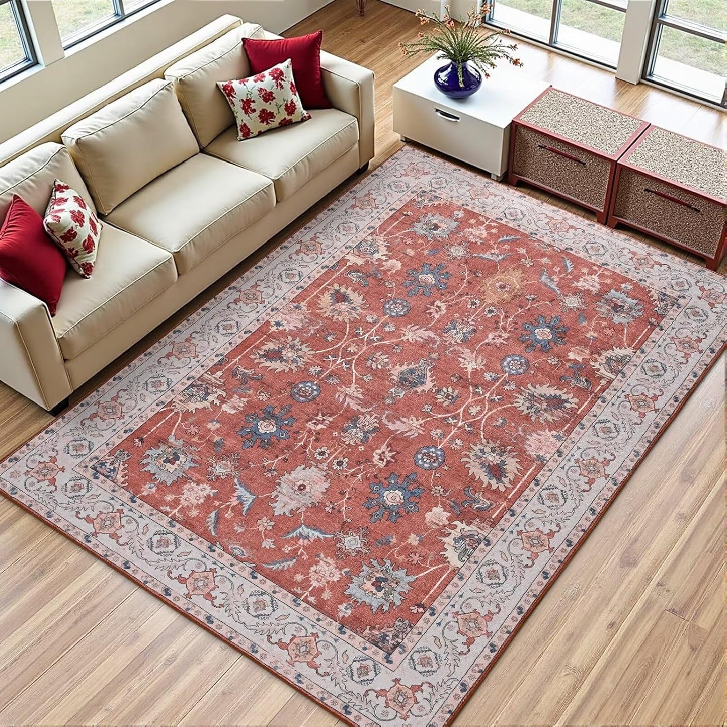 Vasofe 4x6 Rug for Bedroom, Washable Living Room Rugs for Dining Room, Red Indoor Floor Mat, Vintage Floral Mats for Home Decor, Farmhouse, Laundry Room, Non Slip Low Pile Soft Modern Carpet