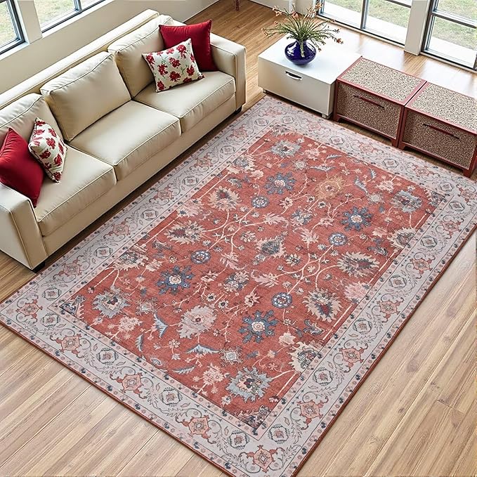 Vasofe 4x6 Rug for Bedroom, Washable Living Room Rugs for Dining Room, Red Indoor Floor Mat, Vintage Floral Mats for Home Decor, Farmhouse, Laundry Room, Non Slip Low Pile Soft Modern Carpet