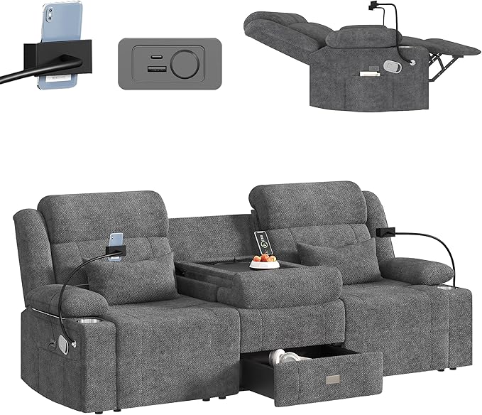 Home Theater Seating，RV Reclining Sofa Set with Adjustable Headrest， Recliner Sofa with Heat and USB&Type-C, Dawer & Cup Holders, 150° Recline for RV & Living Room(3-Seater Grey)