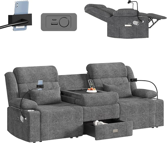 Home Theater Seating，RV Reclining Sofa Set with Adjustable Headrest， Recliner Sofa with Heat and USB&Type-C, Dawer & Cup Holders, 150° Recline for RV & Living Room(3-Seater Grey)