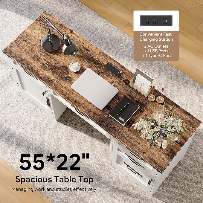 Farmhouse Executive Desk with Drawers, 55" Home Office Desks with Fast Charging Station, Lockable File Cabinet, Wood Writing Computer Desk for Work, Study, White