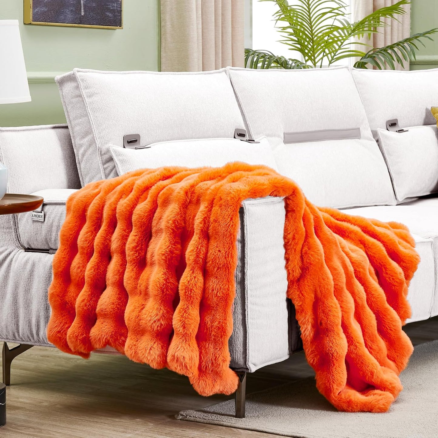 JONIYEAR Large Solid Fall Bubble Faux Rabbit Fur Bed Blanket Full Size 70" x 80", Decorative Puffy Big Warm Fuzzy Blanket for Winter,Extra Thick Shaggy Cozy Comfy Fluffy Blankets for Adult Kid, Orange