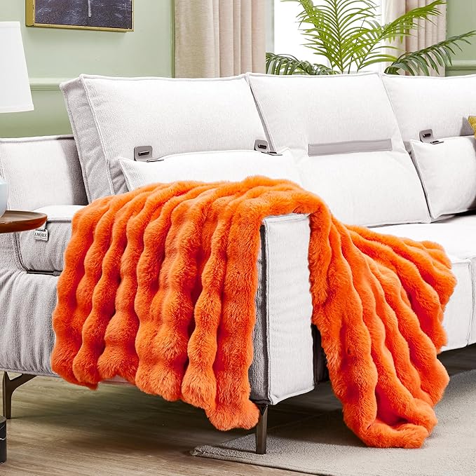 JONIYEAR Solid Fall Oversized Fuzzy Bubble Faux Rabbit Fur Throw Blanket for Bed 60" x 70", Decorative Puffy Warm Fuzzy Blanket for Winter, Thick Shaggy Cozy Furry Blankets for Adult,Twin Size, Orange