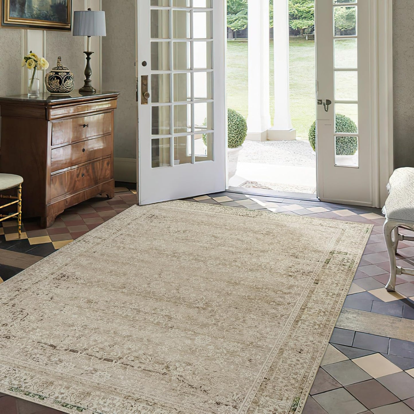 Modern Farmhouse Area Rug 5 x7 Washable Floral Earth Tone Neutral Boho Nursery Rug 5x7 for Baby Boy Bedroom,Tan Brown and Cream Beige