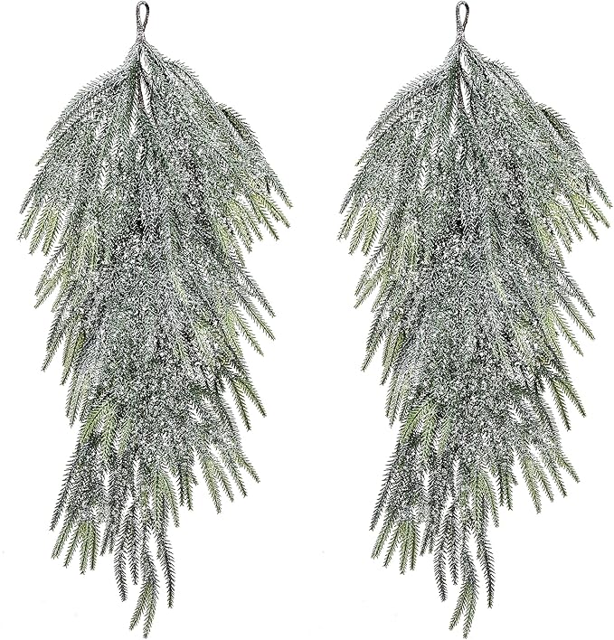 2 Pcs Artificial Christmas Snow Teardrop Swag, 28" Faux Glitter Snow Flocked Norfolk Pine Teardrop Door Swag, White Frosted Real Touch Pine Wreath Staircase Swags for Xmas Door Mantle Fireplace Decor