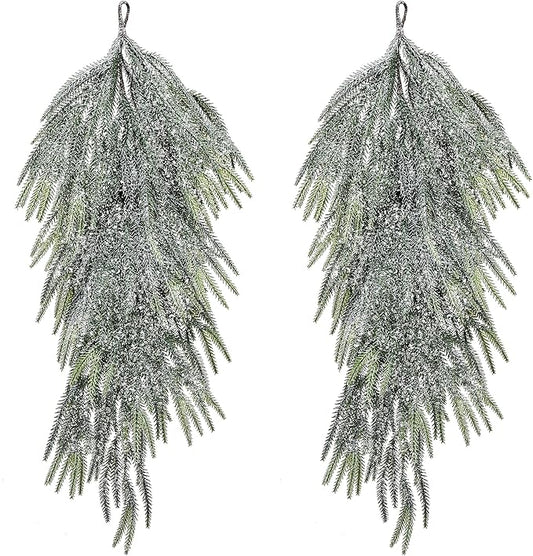 2 Pcs Artificial Christmas Snow Teardrop Swag, 28" Faux Glitter Snow Flocked Norfolk Pine Teardrop Door Swag, White Frosted Real Touch Pine Wreath Staircase Swags for Xmas Door Mantle Fireplace Decor