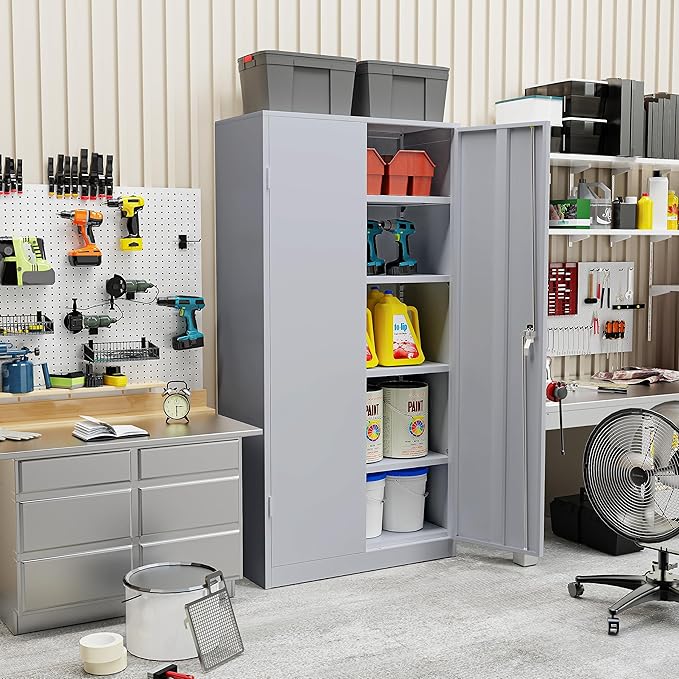 SUNCROWN 72" Metal Storage Cabinet - Heavy-Duty Metal Garage Cabinet with 4 Adjustable Shelves & 2 Doors for Tools, Office, Home, Workshop,Cement Grey-Small