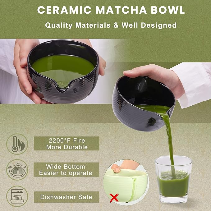 Matcha Whisk Set, Ceramic Matcha Set Includes Matcha Bowl, Matcha Whisk (Chasen) and Holder, Sifter, Bamboo Scoop & Spoon - 6 Pcs Matcha Kit for Matcha Lovers Black