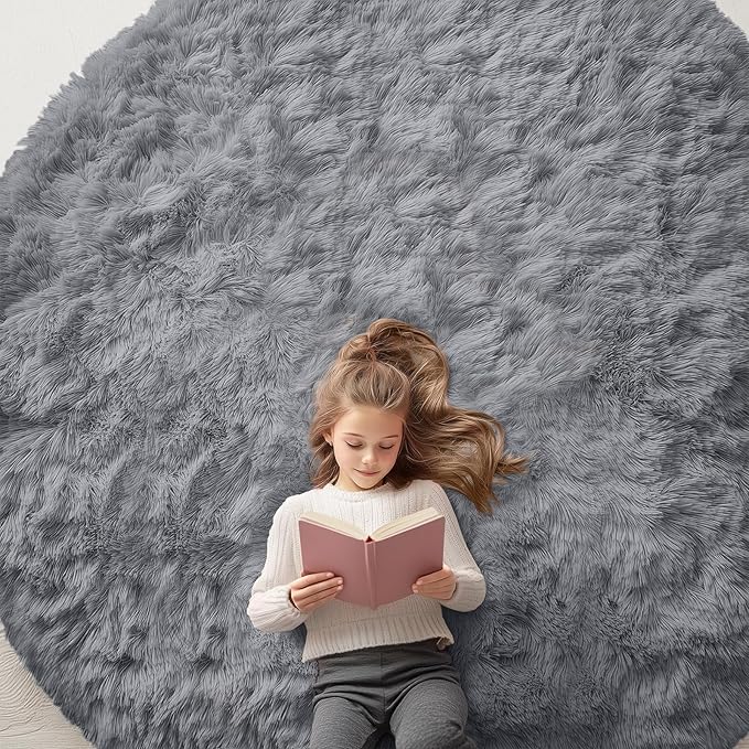 OLANLY Light Grey Round Rugs for Bedroom - Machine Washable, 8 ft Circle Area Rugs for Living Room, Soft and Fluffy Shaggy Carpet for Teen Girls and Boys, Nursery Rooms, Dorms, Home Decor Aesthetic