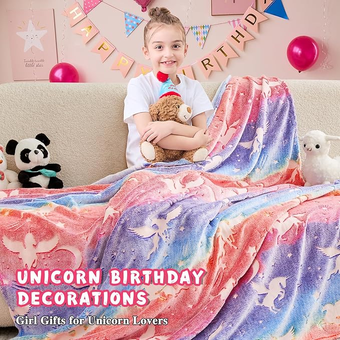 inhand Unicorn Toys Glow in The Dark for Blanket,Unicorn Gifts for Girls Age 1 2 3 4 5 6 7 8 9 10 11 12 13 Birthday Halloween Christmas Cute Soft Room Decor Kids Blanket 50"X60"