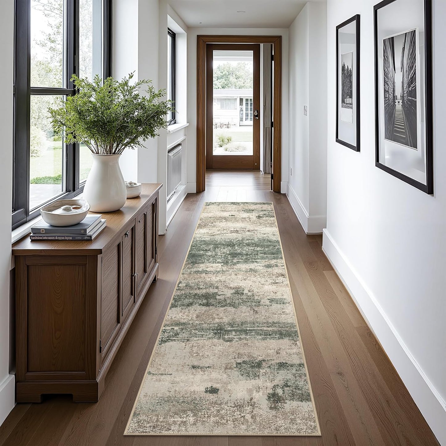 Runner Rug for Hallway Kitchen, 2x10 Machine Washable Runners Rug for Entryway, Soft Modern Abstract Throw Rugs, Low Pile Floor Cover with Non Slip Backing, Muted Green/Beige