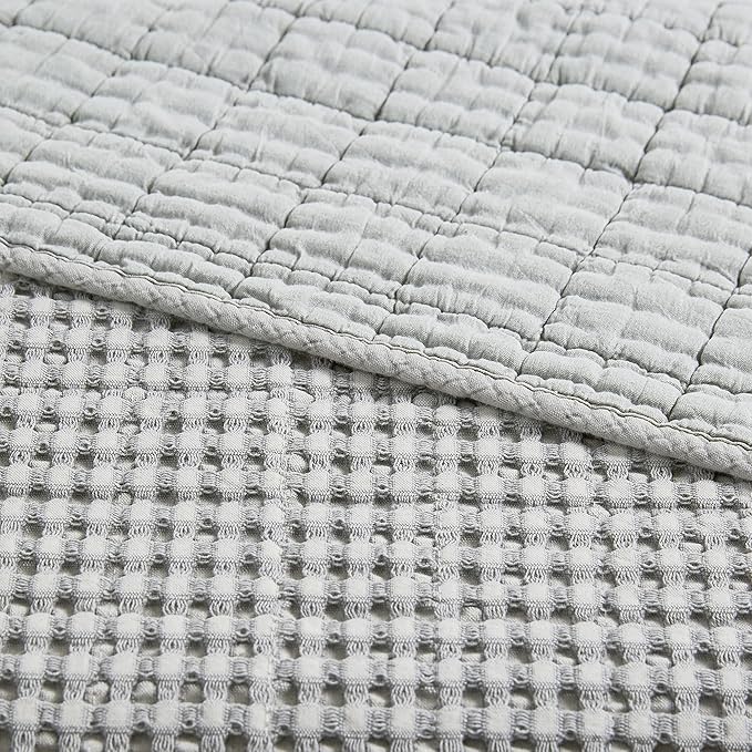 Levtex Home Mills Waffle Queen Bedspread Set (106x106in) with 2 Pillow Shams (26x20in) - Grey - Cotton Waffle Queen Size Bedspread Set - Lightweight, Soft, Pre-Washed