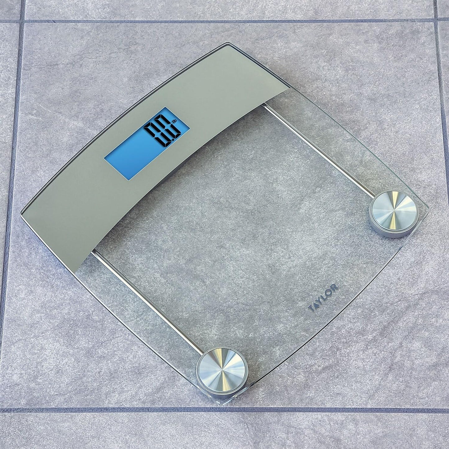 Taylor Digital Scales for Body Weight, Extra Highly Accurate 440 LB Capacity, Unique Blue LCD, Stainless Steel Accents GlassPlatform, 12.4 x 12.4 Inches, Clear