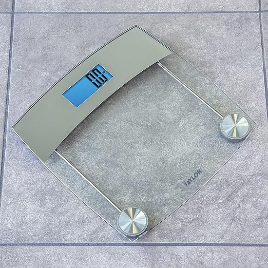Taylor Digital Scales for Body Weight, Extra Highly Accurate 440 LB Capacity, Unique Blue LCD, Stainless Steel Accents GlassPlatform, 12.4 x 12.4 Inches, Clear