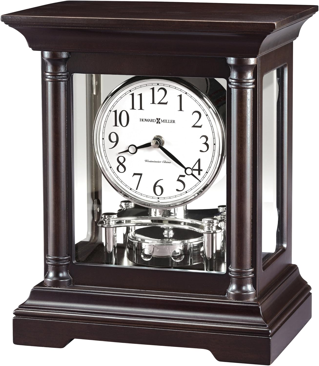 Howard Miller Cassidy Mantel Clock - Battery Operated Quartz Timepiece with Westminster Chime, Analog Desk and Table Clock for Home and Office Décor, Elegant Wooden Design with Silent Night Mode