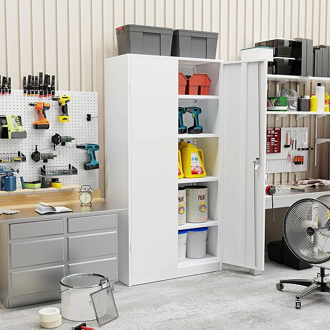 SUNCROWN 72" Metal Storage Cabinet - Heavy-Duty Metal Garage Cabinet with 4 Adjustable Shelves & 2 Doors for Tools, Office, Home, Workshop,White