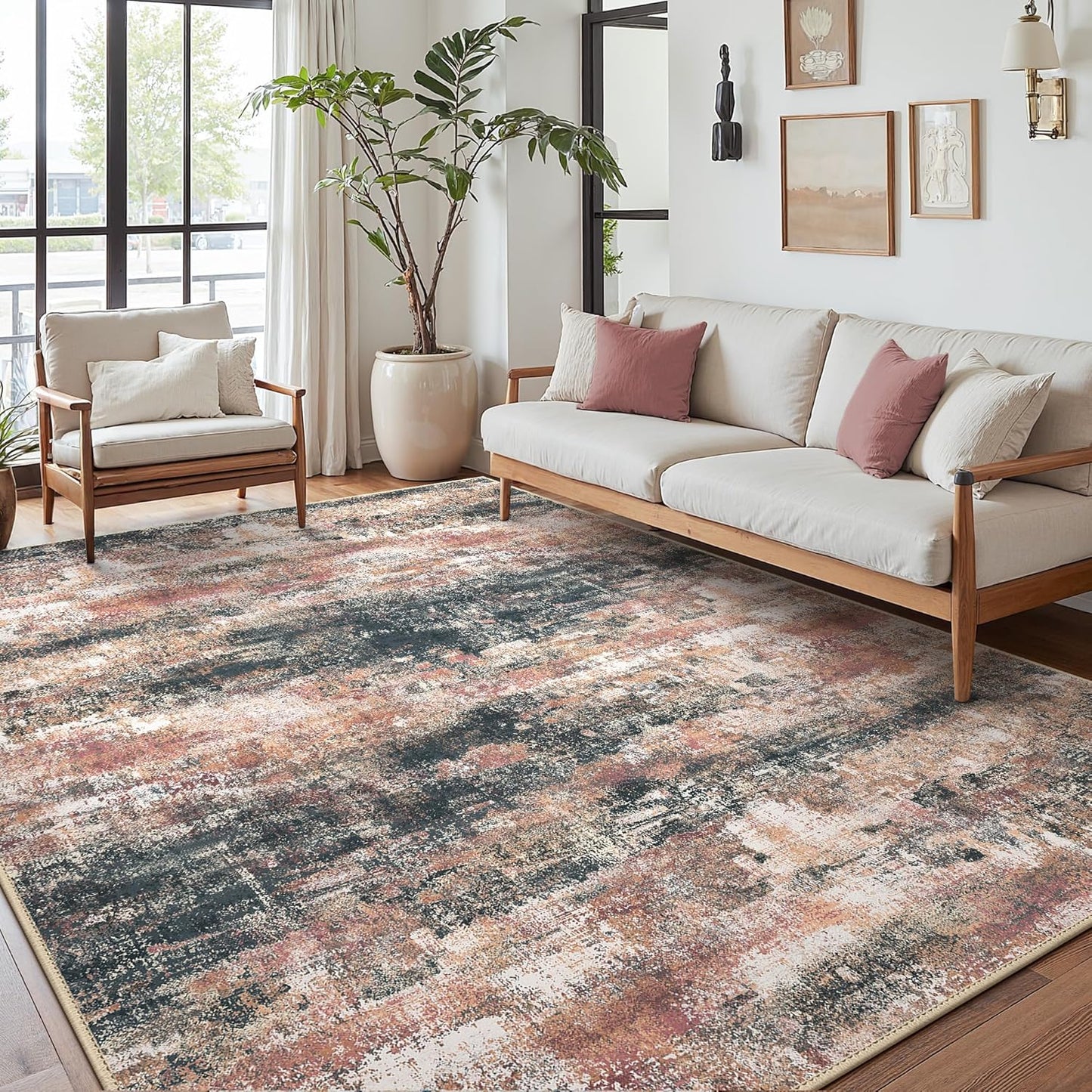 Area Rugs 9x12 for Living Room Bedroom, Modern Abstract Machine Washable Rug, Large Soft Low Pile Floor Cover with Non Slip Backing for Dining Room, Rose Rust