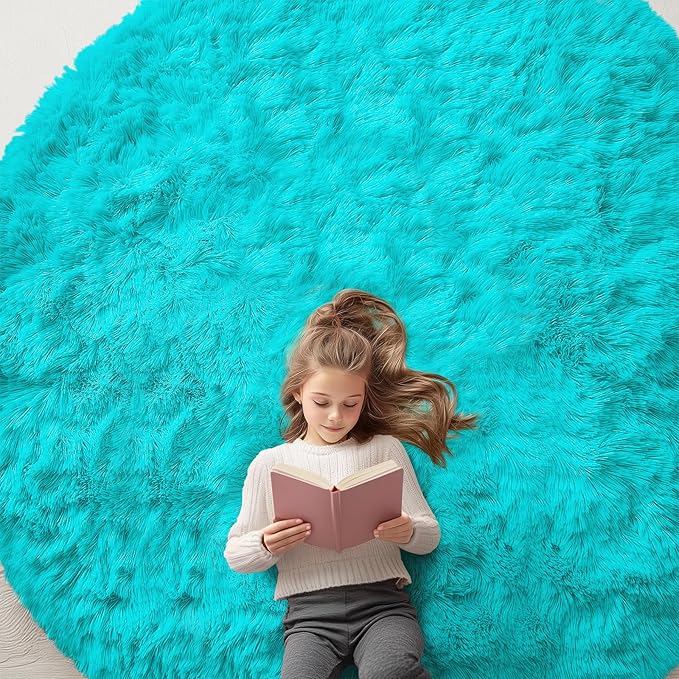 OLANLY Teal Blue Round Rugs for Bedroom - Machine Washable, 8 ft Circle Area Rugs for Living Room, Soft and Fluffy Shaggy Carpet for Teen Girls and Boys, Nursery Rooms, Dorms, Home Decor Aesthetic