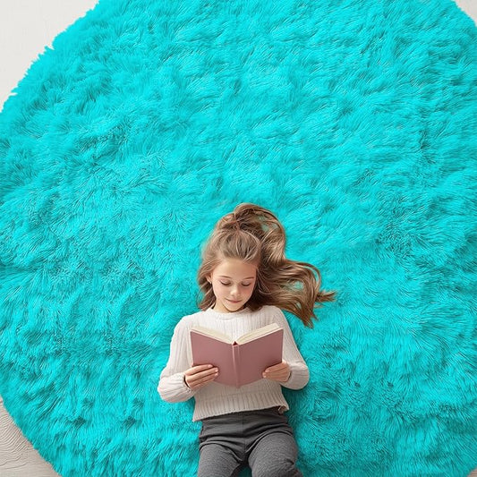 OLANLY Teal Blue Round Rugs for Bedroom - Machine Washable, 8 ft Circle Area Rugs for Living Room, Soft and Fluffy Shaggy Carpet for Teen Girls and Boys, Nursery Rooms, Dorms, Home Decor Aesthetic