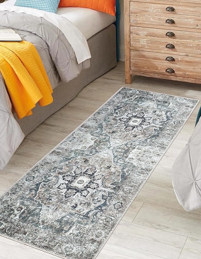 Keen Home Design 2x12 Rug - Machine Washable Runner Rug with Non-Slip Backing, Ideal for Hallway, Entryway, Kitchen, Laundry Room - Vintage, Easy Clean, Durable, Low Pile - (2'6" x 12')