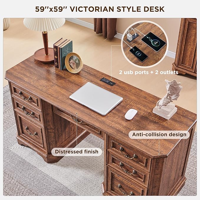 T4TREAM 59" Farmhouse Executive Desk with Drawers,Wood Home Office Computer Desk, Featuring Keyboard Tray,Charging Station,File Drawer, Storage Cabinet,for Work and Study (Reclaimed Barnwood)
