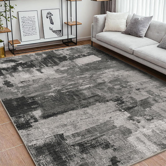 Area Rugs 8x10 for Living Room Bedroom, Modern Abstract Machine Washable Large Soft Black Rug, Low Pile Floor Carpet with Non Slip Backing for Dining Room, Carbon Black