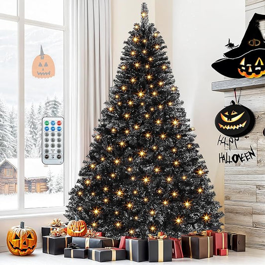DWVO 6ft Pre-lit Black Christmas Tree with Lights, Prelit Halloween ChristmasTtrees with 818 Tips & 250 UL Listed Lights, Automatic Branches & Easy Assembly with Remote Control for Home Party