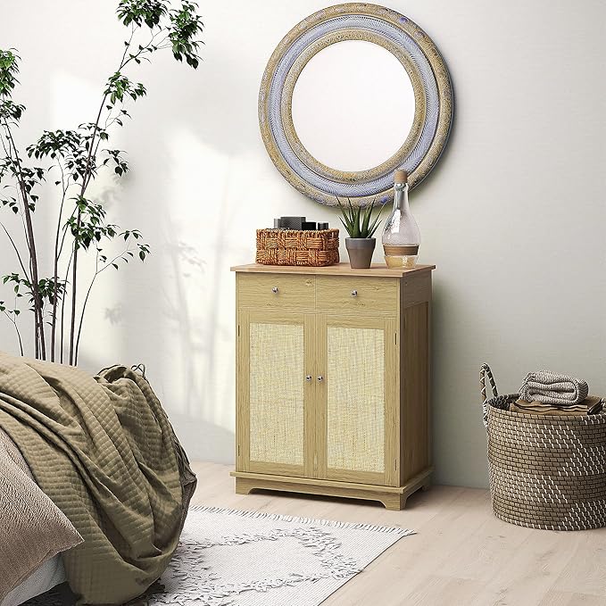 HOMCOM Sideboard with Solid Wood Countertop, Modern Kitchen Storage Cabinet, Coffee Bar Cabinet with 2 Drawers, Doors and Adjustable Shelf, Natural Rattan