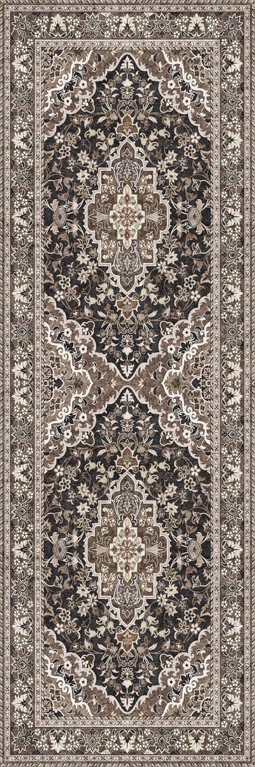 Washable Runner Rug 2x6 | Non Slip Rug Runners for Hallways, Entryways, Kitchens, Bathrooms, Bedrooms | Ultra-Soft Flannel Carpet Runners with Rubber Backing (Black Brown, 2x6)