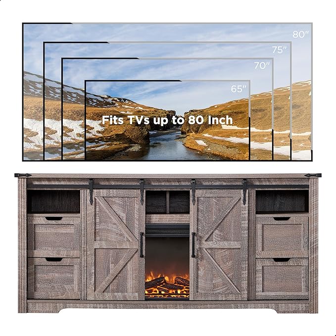 JXQTLINGMU Fireplace TV Stand for 80 Inch TV, Farmhouse Entertainment Center with 36" Fireplace, Modern Media Console with Sliding Barn Door & Storage Drawers for Living Room, Grey