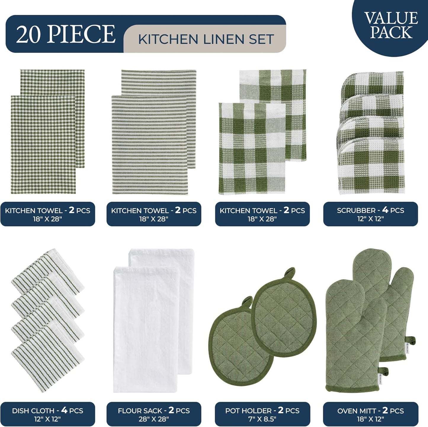 LANE LINEN Dish Towel and Dishcloth Set - 20 Pc Cotton Towels, Heat Resistant Kitchen Mitts and Pot Holders, Olive