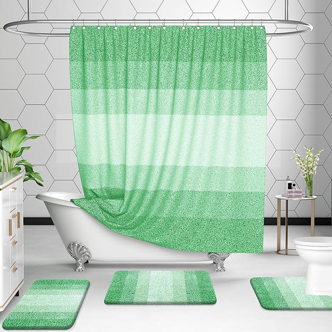 OLANLY Bathroom Rug Set 2 Piece, Soft Absorbent Microfiber Bath Mats and U-Shaped Contour Toilet Rug, Non-Slip, Machine Wash Dry, Plush Shaggy Bath Mats for Bathroom (24"x16"+24"x20", Green)