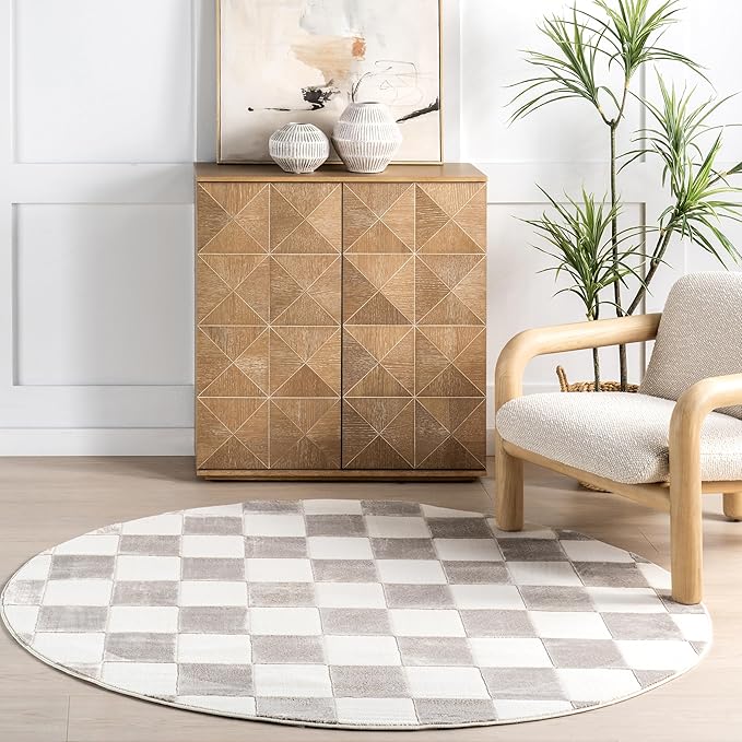 nuLOOM 6' Round Indoor Area Rug, 100% Recycled PET, Machine Washable, Oeko-TEX Certified, Medium Pile, Pet-Friendly, Zhuri Checkered Cream