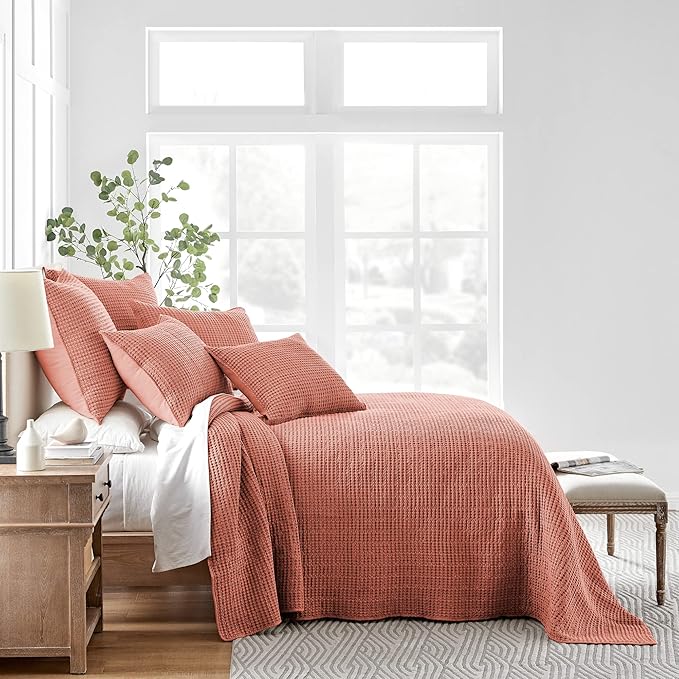 Levtex Home Mills Waffle Twin Bedspread Set (84x104in) with 1 Pillow Sham (26x20in) - Adobe - 100% Cotton Twin Size Bedspread Set - Lightweight, Soft, Pre-Washed