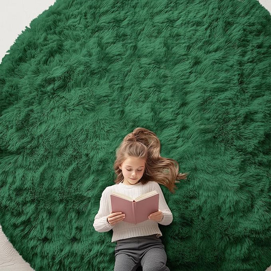 OLANLY Dark Green Round Rugs for Bedroom - Machine Washable, 9 ft Circle Area Rugs for Living Room, Soft and Fluffy Shaggy Carpet for Teen Girls and Boys, Nursery Rooms, Dorms, Home Decor Aesthetic