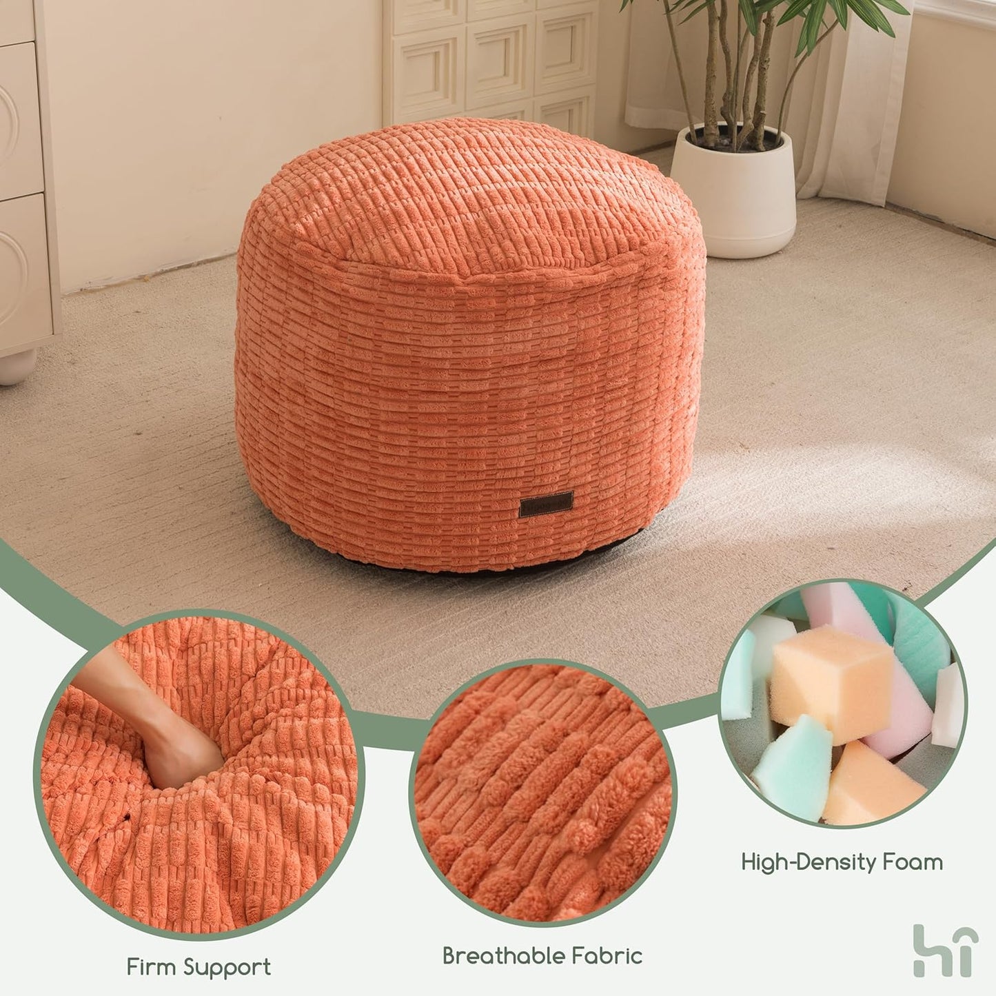 HIGOGOGO Pouf Ottoman Stuffed Round Modern Foam Filled Foot Rest Poufs for Living Room Chair Decorative 20 X 15 Inches Boho Relax Stool for Wedding Christmas Party, Coral Orange