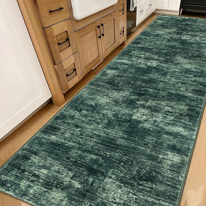 IOHOUZE Abstract Runner Rug 3x14 Ft Washable Runners for Hallways, Non Slip Kitchen Runner Printed Faux Wool Entryway Runner Indoor, Modern Abstract Floor Carpet for Hall Stair, Dark Green