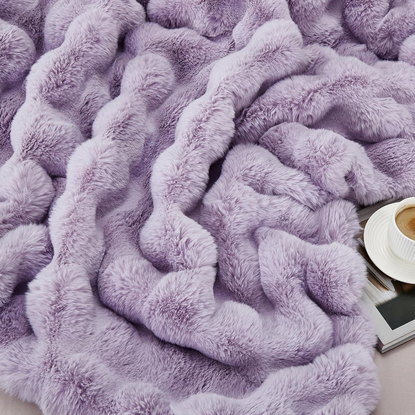 JONIYEAR Soft Fluffy Oversized Bubble Faux Rabbit Fur Throw Blanket 60" x 70", Reversible Solid Thick Warm Fuzzy Blanket for Winter, Luxury Cozy Shaggy Furry Blankets for Bed, Twin Size, Lilac Purple