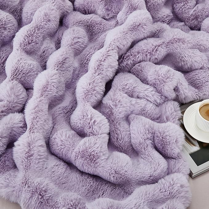 JONIYEAR Soft Fuzzy Bubble Faux Rabbit Fur Throw Blanket 50" x 60", Double Sided Aesthetic Warm Fluffy Blanket for Winter,Luxury Cozy Puffy Shaggy Plush Furry Blankets for Couch Sofa Bed, Lilac Purple
