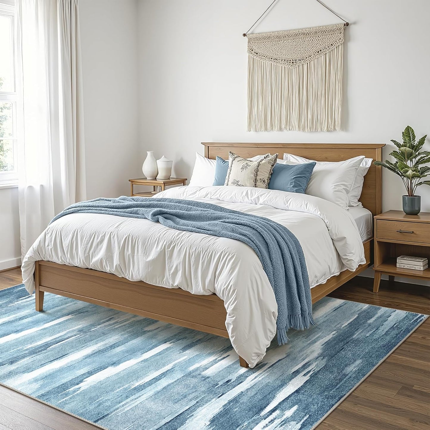 Area Rugs 8x10 Machine Washable Rug for Bedroom Living Room Dining Room, Large Modern Abstract Soft Rugs, Indoor Low Pile Carpet with Non Slip Rubber Backing, Glacial Blue