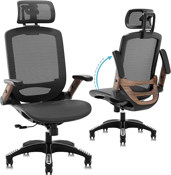 GABRYLLY Ergonomic Office Chair, High Back Home Desk Chair with Headrest, Flip-Up Arms, 90-120° Tilt Lock and Wide Cushion, Big and Tall Mesh Chairs for Man Woman, Black Task Chair(Dark Woodgrain)
