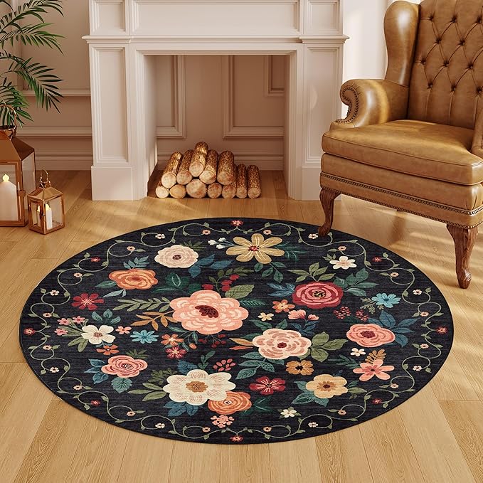 DUKINO Floral Round Rug, 4ft Washable Round Area Rug, Non Slip Indoor Low Pile Circle Rug, Soft Small Boho Design Circle Rug for Bedroom, Entryway, Living Room, Dining Room,Black