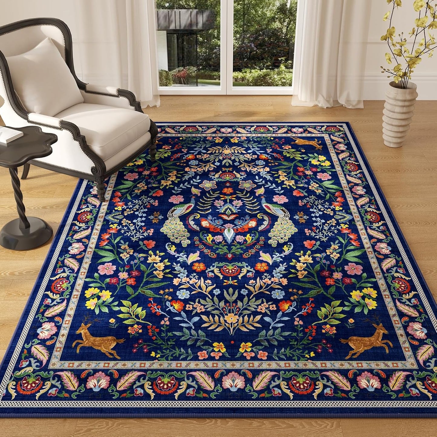 3x5 Rug Washable Area Rug Floral Office Rug Non Slip Small Carpet for Bedroom, Bedside, Kitchen, Entryway, Kids Room, Office(Blue)