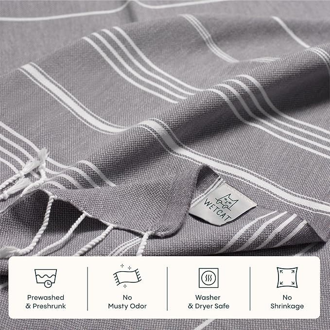 WETCAT Turkish Beach Towel Oversized (38"x71") 100% Turkish Cotton, Made in Turkey - Sand Free, Extra Large, Ultra Soft, Quick Drying, Compact & Lightweight for Travel - Dark Gray