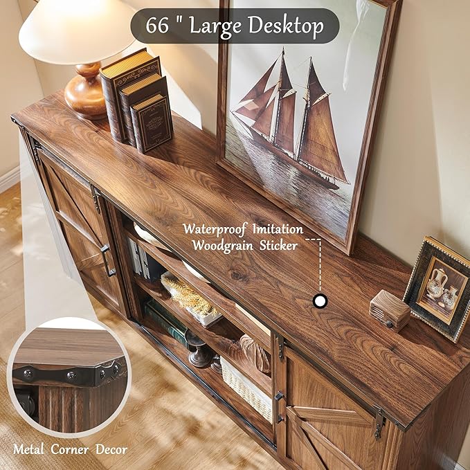 JXQTLINGMU Farmhouse TV Stand for 75+ Inch TV, 32" Tall Entertainment Center w/4 Drawers & Sliding Barn Door, Rustic Media Console w/Storage Shelves, 66" Wood Television Stand for Living Room, Brown