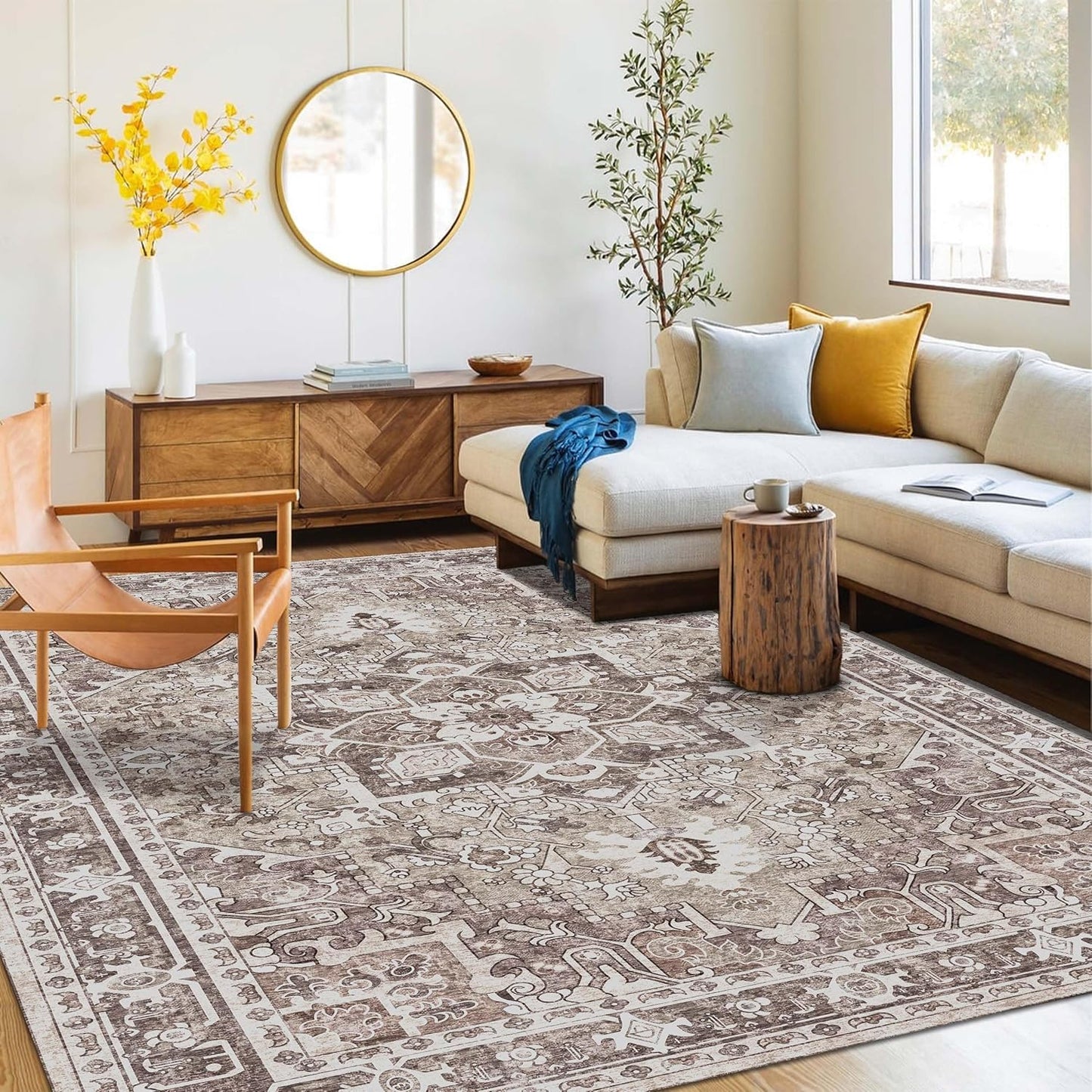 Washable Area Rug 4x6 | Non Slip Area Rug for Living Room, Bedrooms, Dining Room | Ultra-Soft Flannel Carpet Area with Rubber Backing (Sage Brown, 4x6)