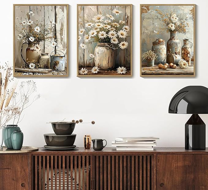 Rustic Farmhouse Daisy Flower Canvas wall art Vintage Country Floral Poster Print Artwork Modern Still Life Nature Botanical Wall Decor for Bedroom, Living Room Bathroom Scene Furniture Decoration