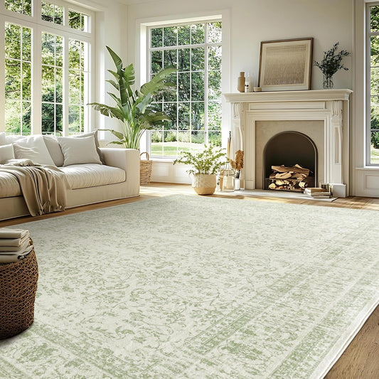 Sage Green Area Rugs Washable Rug for Living Room Bedroom, Faux Wool Soft No Slip Floral Boho Vintage Extra Large Carpet for Dining Room 9x12