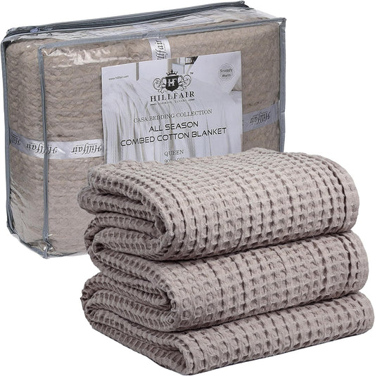 HILLFAIR 100% Cotton Blanket- 120"x120" XXL Oversized King Bed Blankets- Family Size 10 ft x 10 ft Big- Waffle Blankets- All Season Soft Breathable- Extra Large King Cotton Blanket for Bed- Khaki